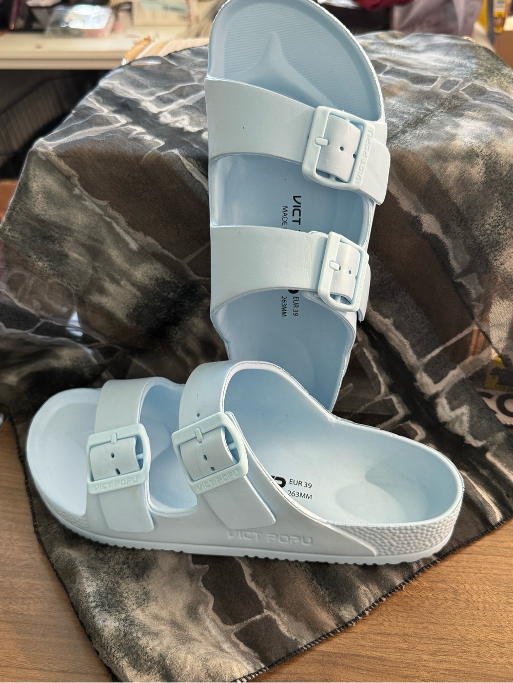 Light Blue Double-Buckle Slide Sandals